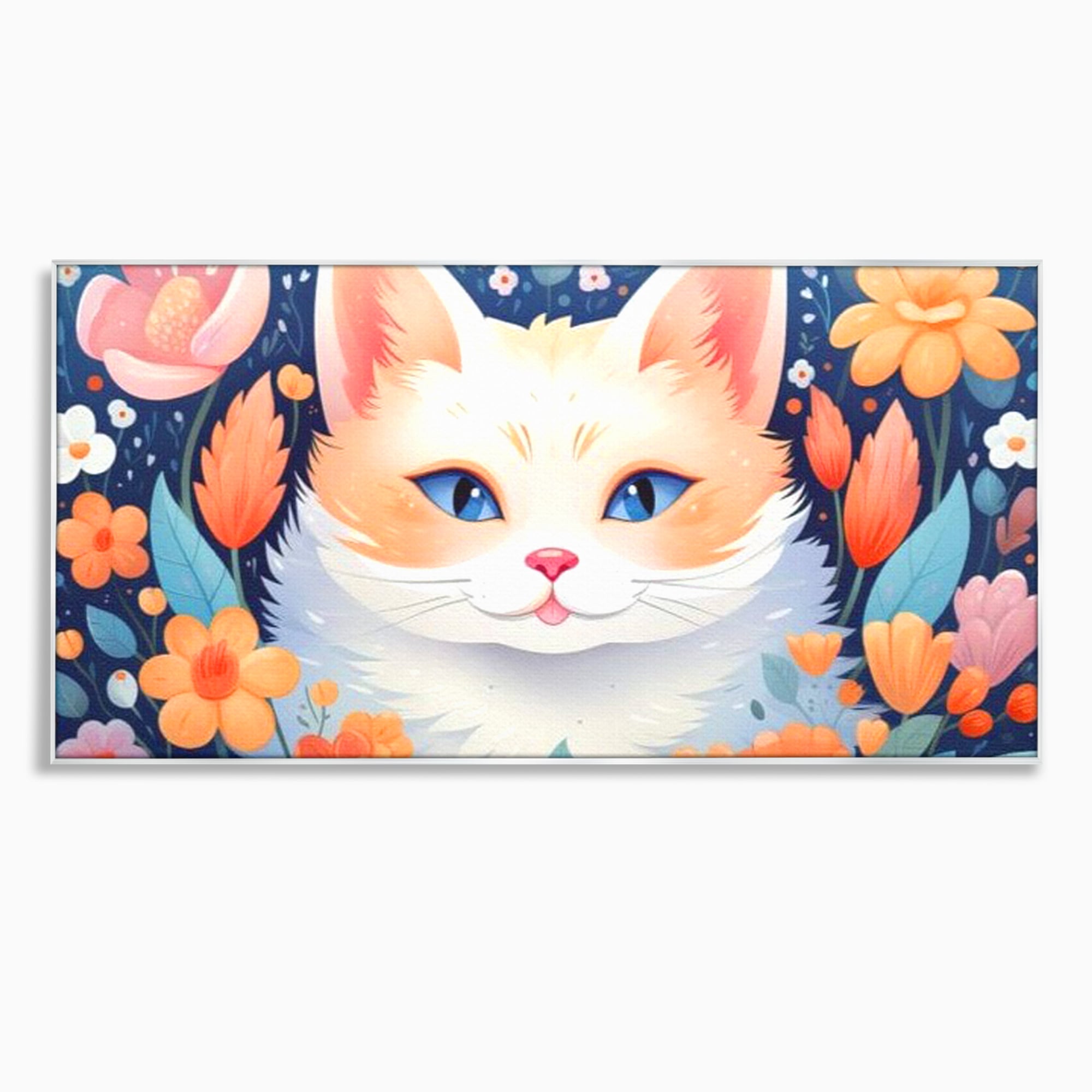 Tablou canvas cu ilustratie digitala cu pisica alba si flori, in rama de aluminiu argintiu